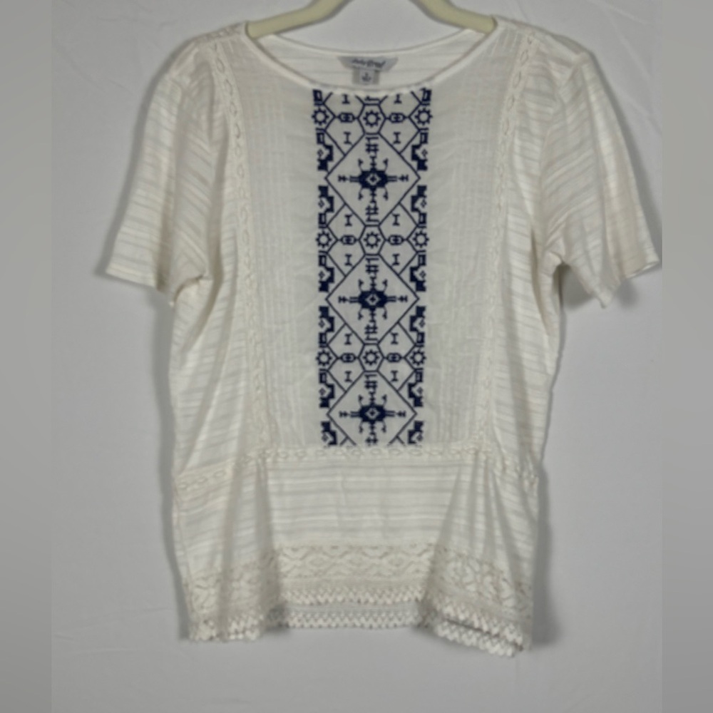 Lucky Brand Top Blouse Boho White Blue Embroidered Peasant- S - Picture 3 of 12